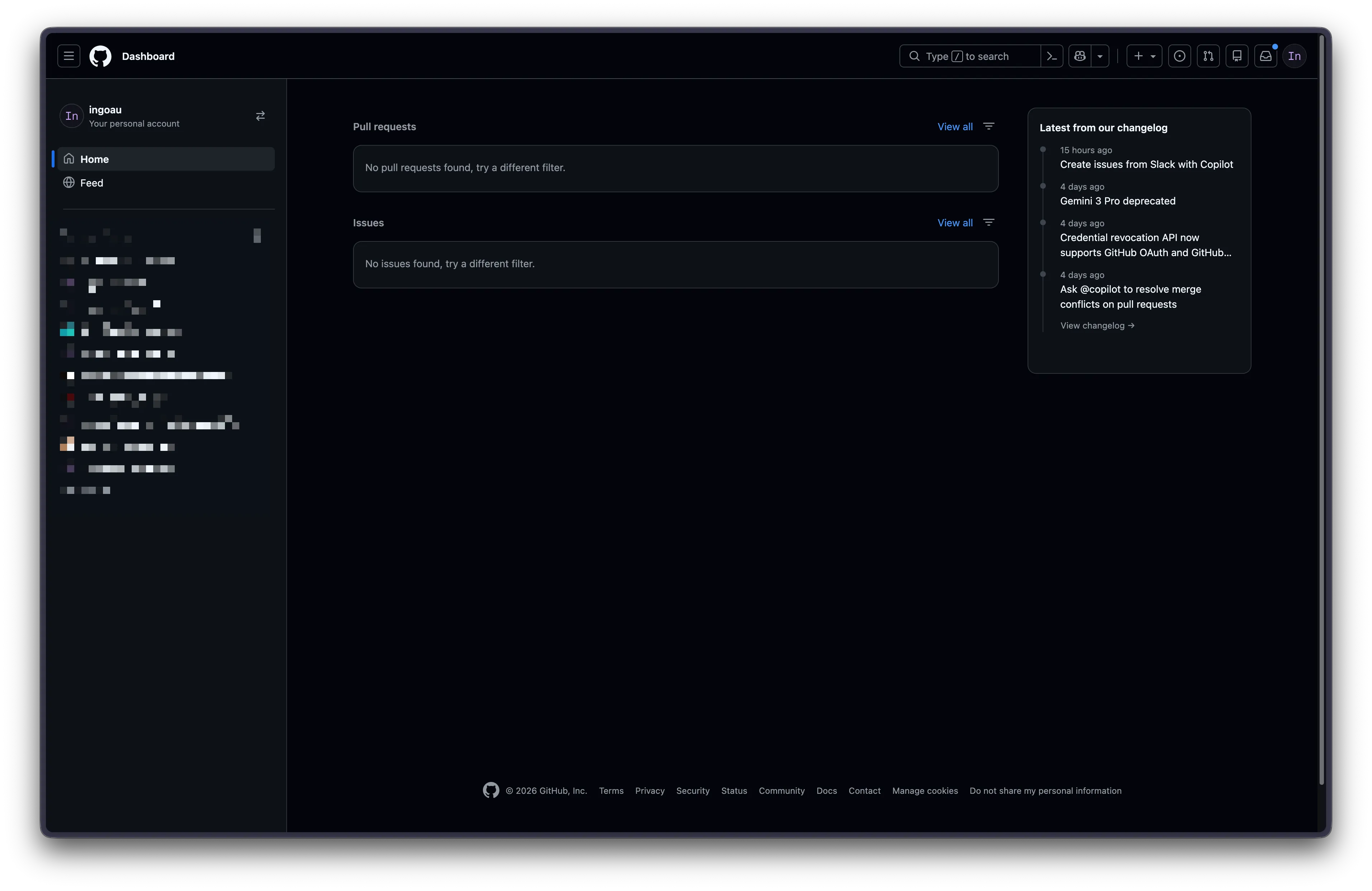 GitHub homepage with pull requests and issues section empty