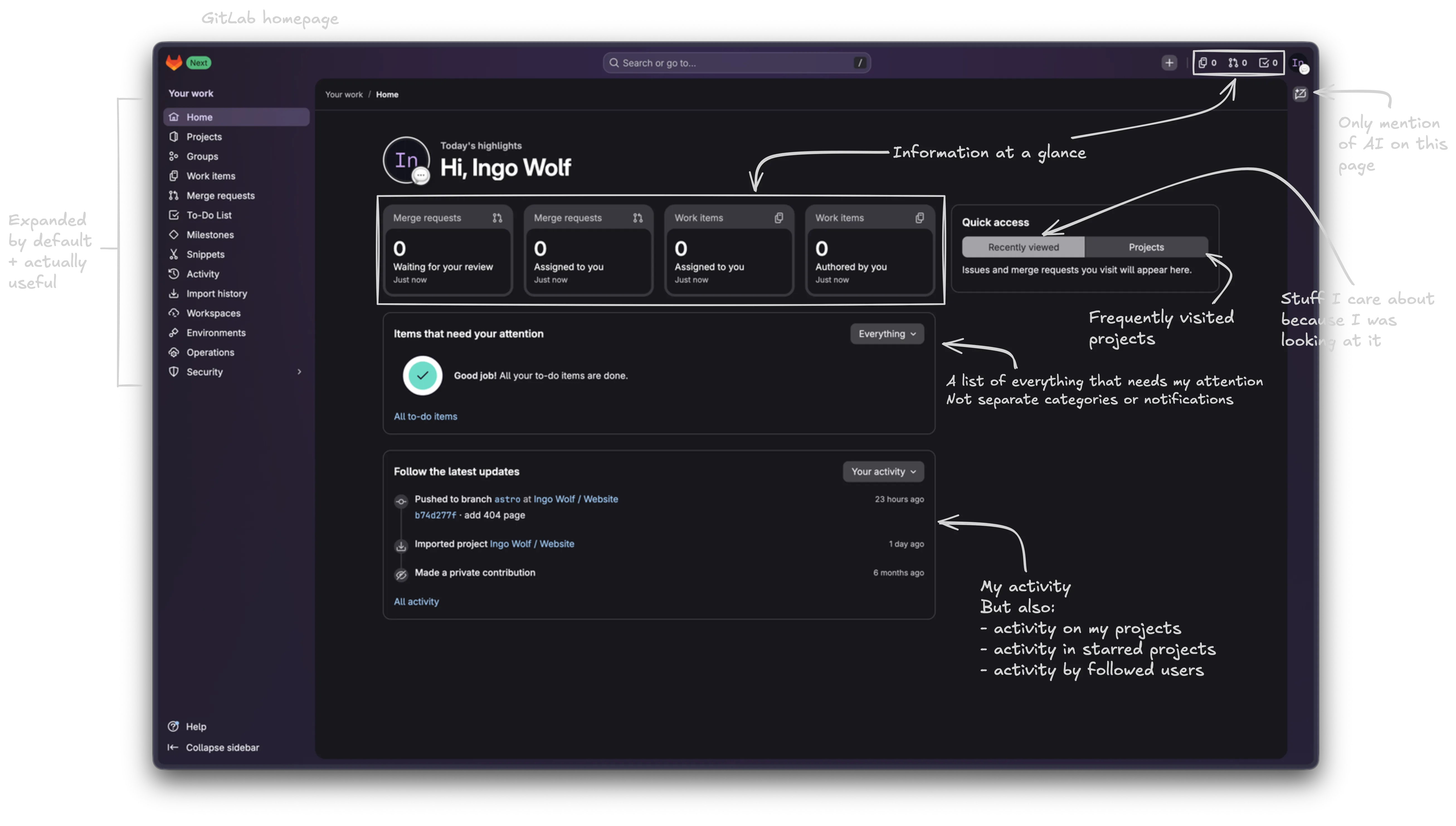 An annotated screenshot of GitLab